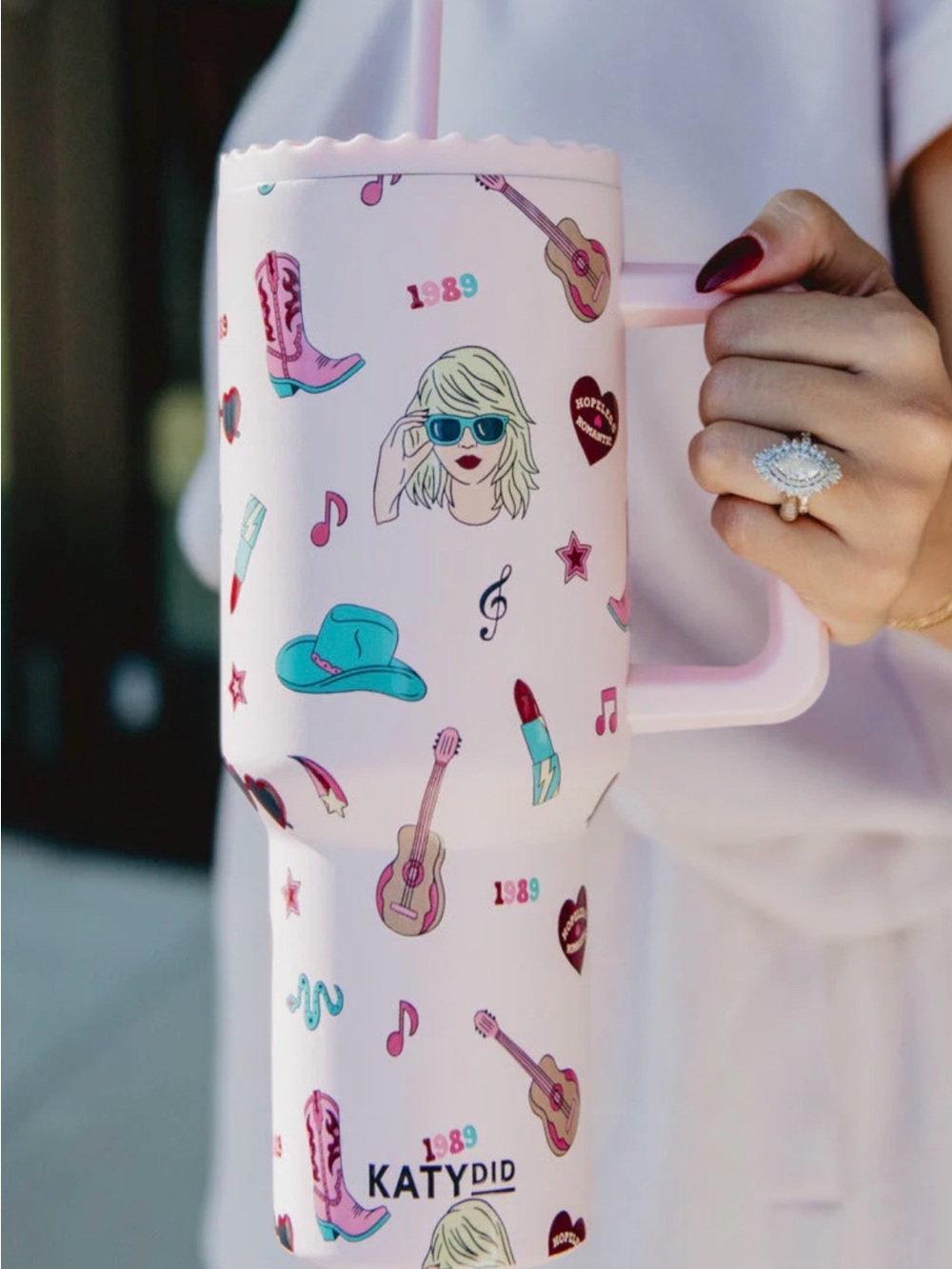 Katydid Pink Western Music Travel Tumbler with Handle and Straw
